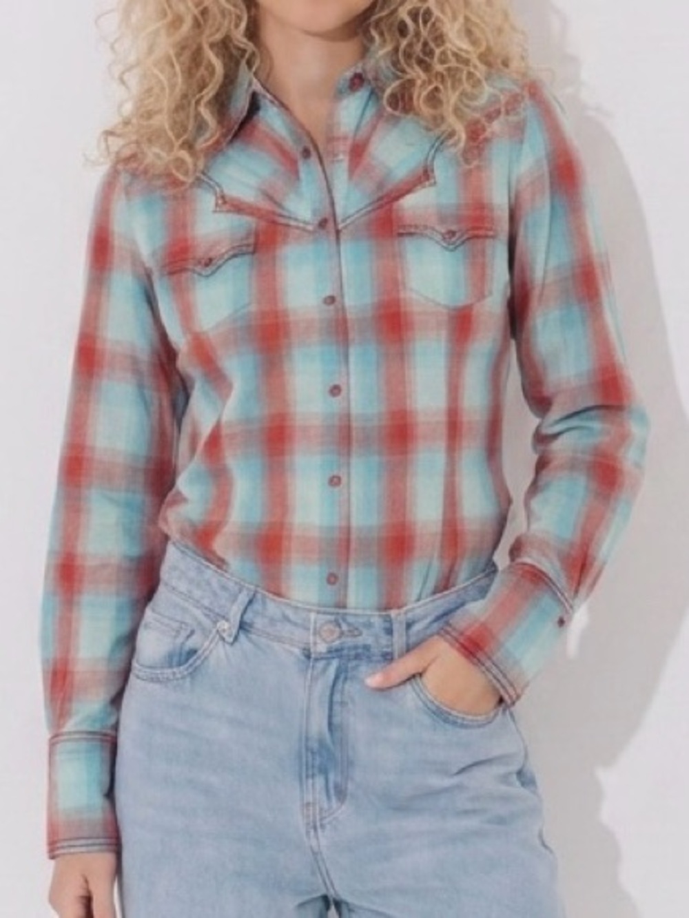 Panhandle Slim Aqua and Red Plaid Button-Down Western Shirt